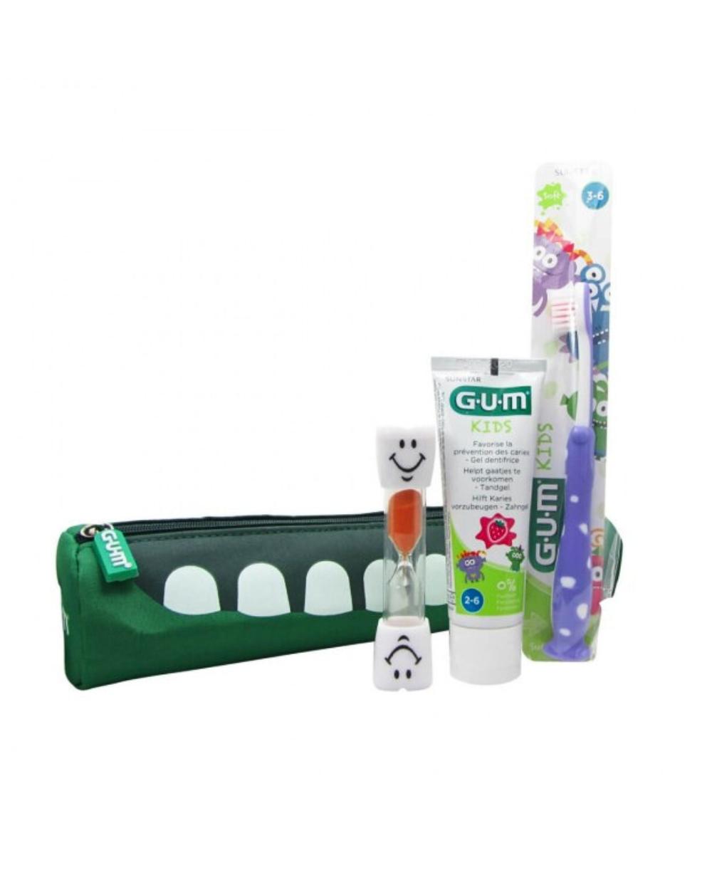 GUM Neceser junior monster gel+ cepillo +reloj de arena