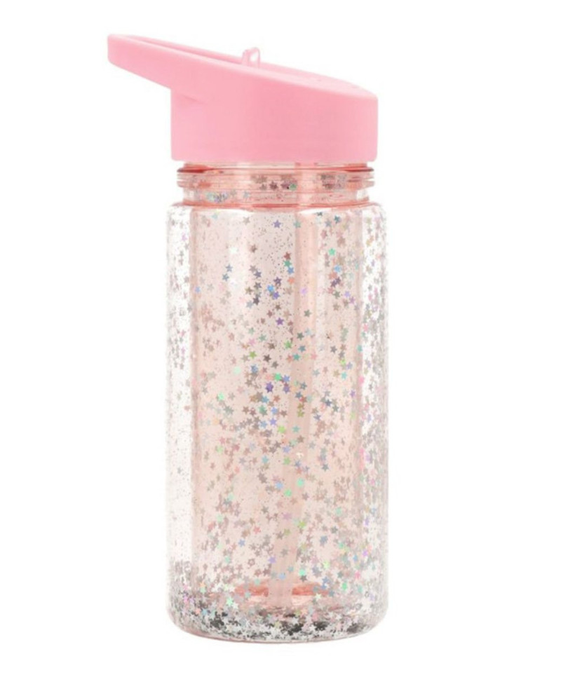 TUTETE Botella de plástico con pajita glitter stars pink