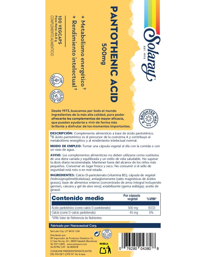 SOLARAY Pantotenic Acid 100 Cápsulas