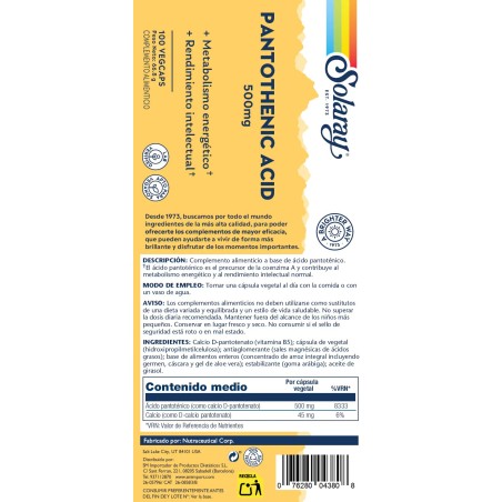 SOLARAY Pantotenic Acid 100 Cápsulas