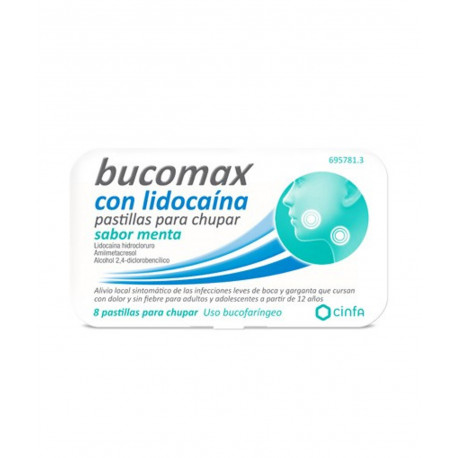 BUCOMAX CON LIDOCAINA PASTILLAS PARA CHUPAR SABOR MENTA, 8 PASTILLAS