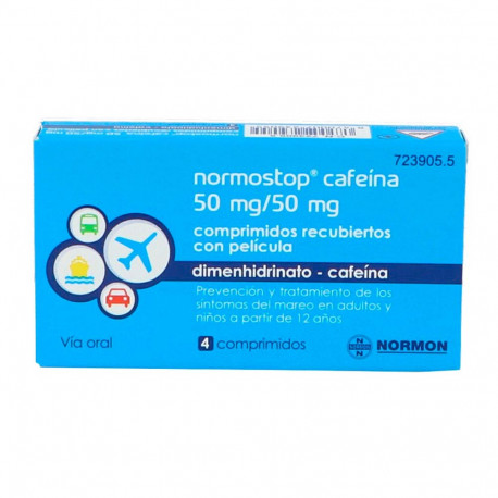 NORMOSTOP CAFEINA 50 MG/50 MG COMPRIMIDOS RECUBIERTOS CON PELICULA, 4 COMPRIMIDOS (BLISTER AL/PA-AL-PVC)