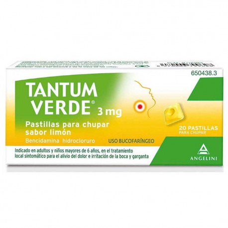 TANTUM VERDE 3 MG PASTILLAS PARA CHUPAR SABOR LIMON, 20 PASTILLAS (PE/PAPEL/AL)