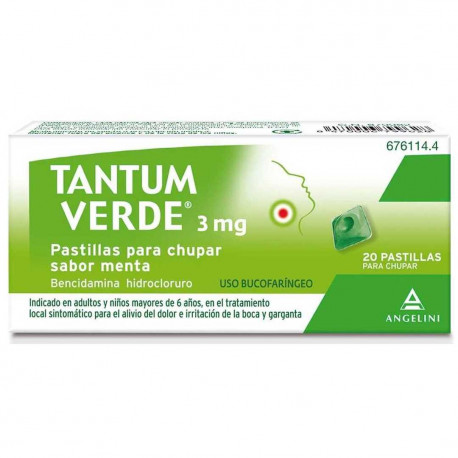 TANTUM VERDE 3 MG PASTILLAS PARA CHUPAR SABOR MENTA, 20 PASTILLAS (PE/PAPEL/AL)
