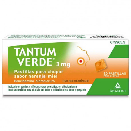 TANTUM VERDE 3 MG PASTILLAS PARA CHUPAR SABOR NARANJA-MIEL, 20 PASTILLAS (PAPEL/PE/AL/SURLYN)